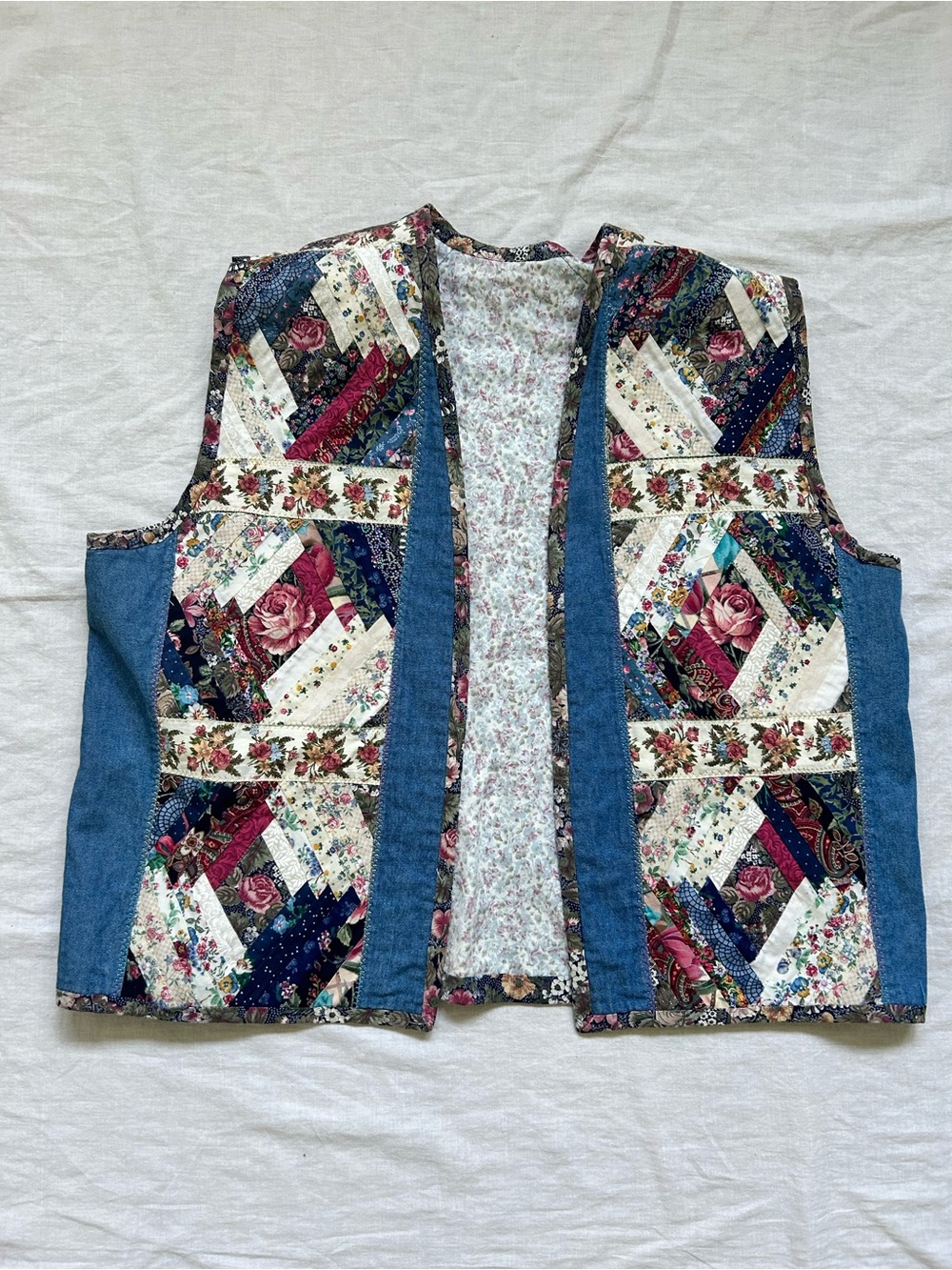 Quilted Floral Patchwork Vest - Blue Multicolor